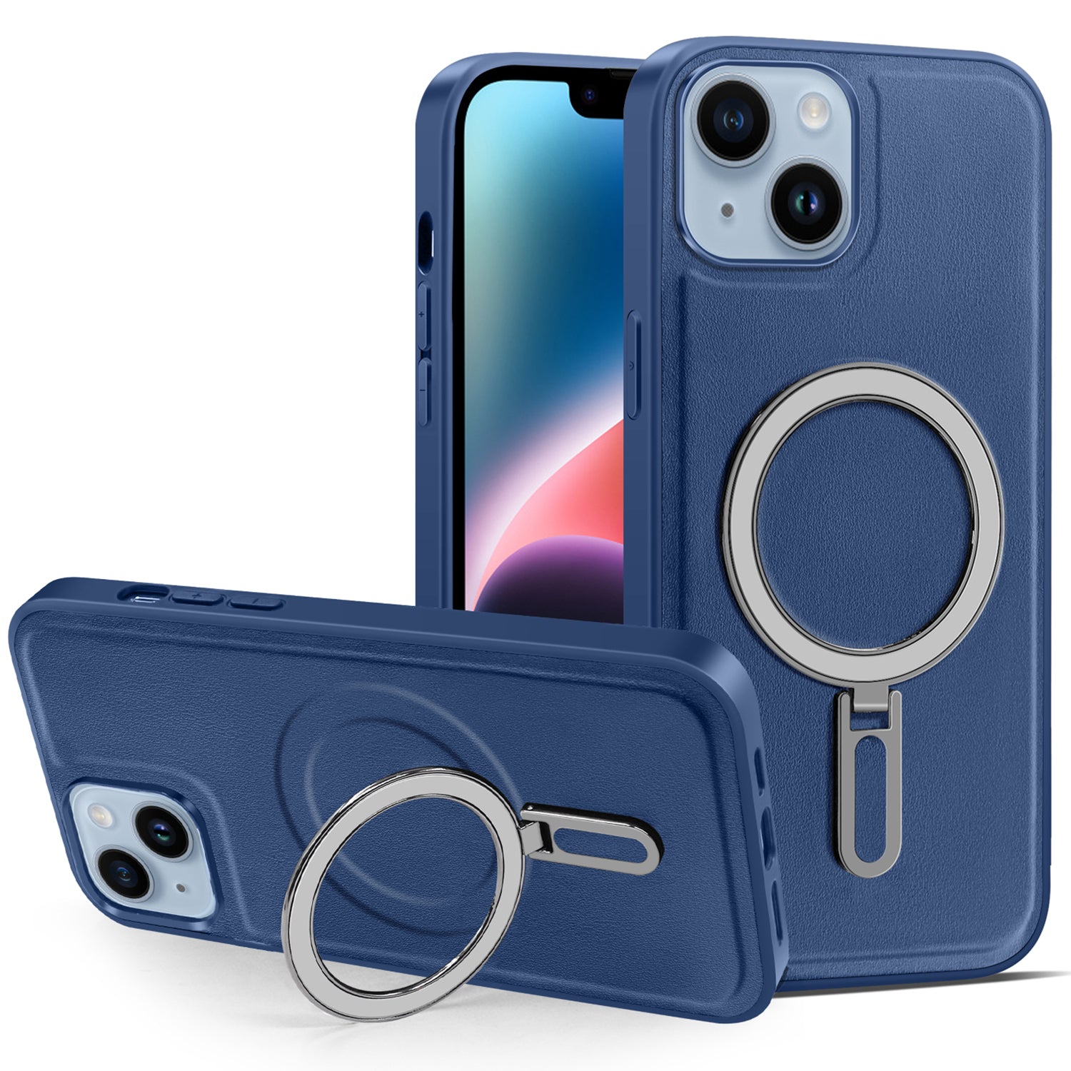 Uniqkart for iPhone 14 Kickstand Anti-Scratch Phone Case Cover PU Leather Coated PC+TPU Magnetic Cover - Blue Uniqkart for iPhone 14 Kickstand Anti-Scratch Phone Case Cover PU Leather Coated PC+TPU Magnetic Cover - Blue